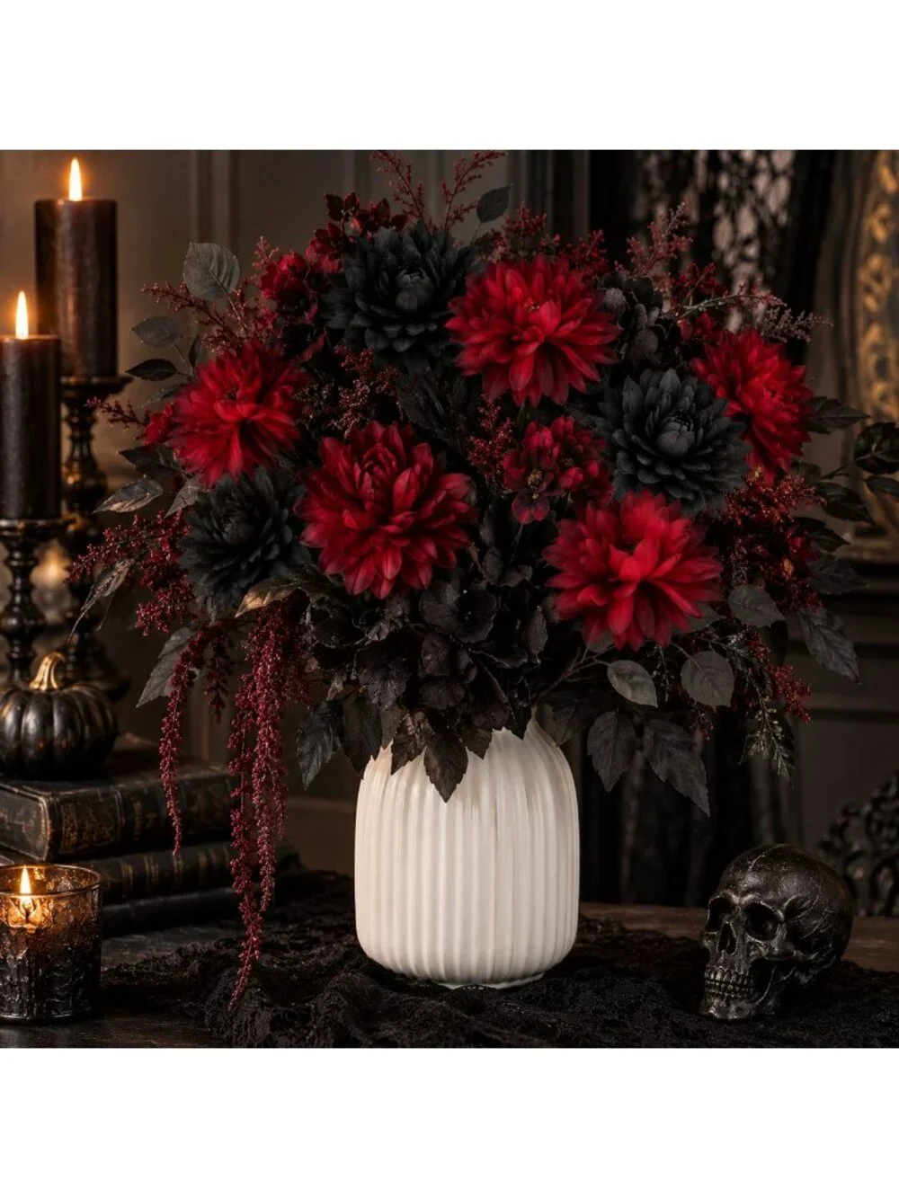 Black Red Artificial Mum Dahlia Style Bouquet, Gothic Wedding Bouquet, Alternati